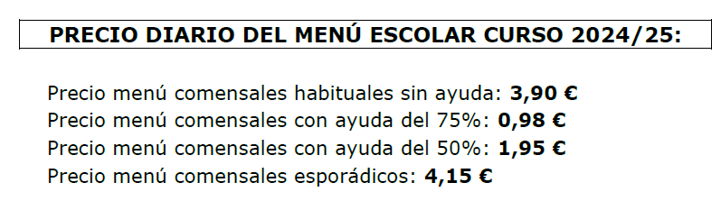 PRECIOS COMEDOR 24-25